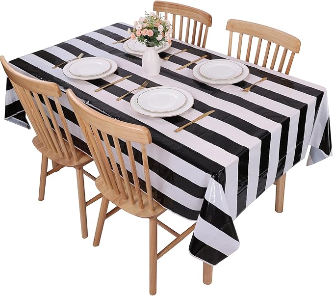 Kesfey 3 Packs Black and White Vertical Striped Tablecloth 54 x 108 Inch Geometric Black Stripe Table Cloths Disposable Plastic Stripe Table Covers Waterproof Picnic Tablecover for Camping Party