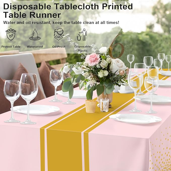 12 Pack Pink and Gold Tablecloth Party Decorations Plastic Pink Tablecloth Printed Gold Table Runner 54 x108 Inch Disposable Rectangle Table Cover for Birthday Wedding Graduation Anniversary