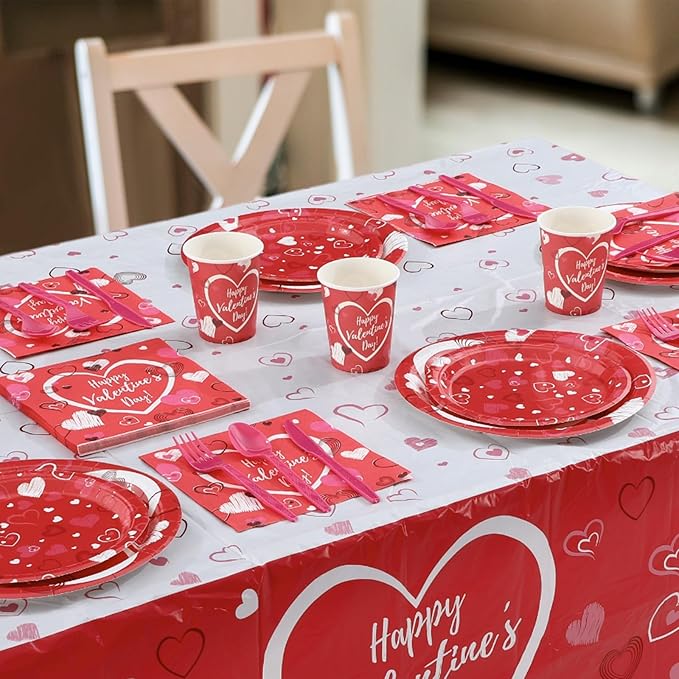 Jenaai 166 Pcs Happy Valentine's Day Party Supplies Valentine's Day Tableware Set Decorations Include Pink Love Banner Disposable Heart Plates Napkins Forks Cups Knives Spoons Balloons for Dinner