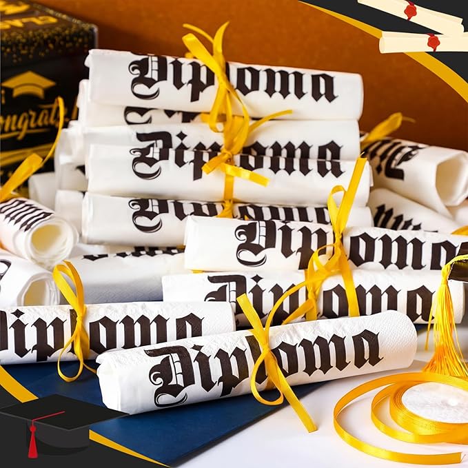100 Set Graduation Diploma Guest Napkins Gold Rolled Silverware Disposable Grad Award Dinner Napkin with Ribbon and Scissors for Celebration