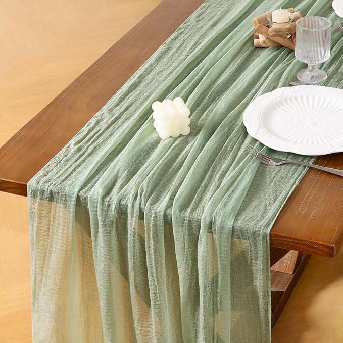 Socomi 6pcs Sage Green Cheesecloth Table Runner Gauze Valentine's Day 120 Inch Rustic Boho Cheese Cloth Runner for Wedding Party Baby Bridal Shower Centerpiece Decoration Holiday Home Decorations