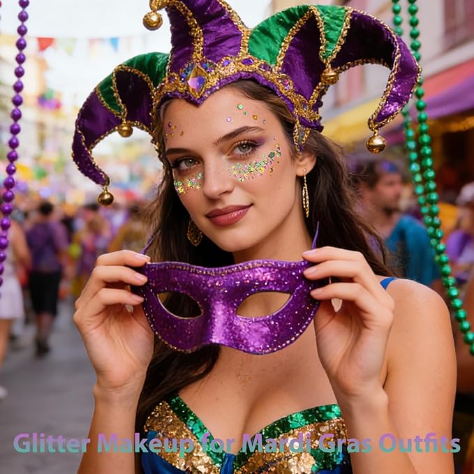 Mysense Mardi Gras Face Hair Body Glitter Stick,Mardi Gras Outfit for Women,Purple Green Gold Glitter Makeup,Festival Party Rave Accessories Sparkling Chunky Glitter