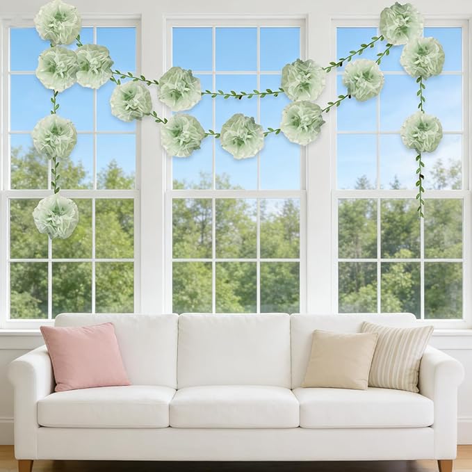 Green Flower Garland for Backdrop - 2 Pcs Artificial Flower Garlands for Wedding Party Arch Decor, 8.2 Ft Hanging Fake Paper Floral Vines for Room Wall Table Garden Background Decorations