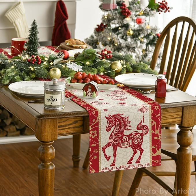 Artoid Mode Paper Cutting Style Chinese Zodiac Horse Happy 2026 Lunar New Year Table Runner, Spring Festival Winter Kitchen Dining Table Decoration for Home Party 13x48 Inch