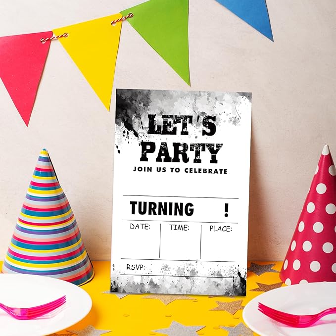 Black and White Ink Graffiti Style Birthday Invitations, Watercolor Invites for Girls Boys, 20 Pcs Double-Sided Fill In Invitations with Envelopes, Birthday Party Favor & Supplies 6 x 4 Inch