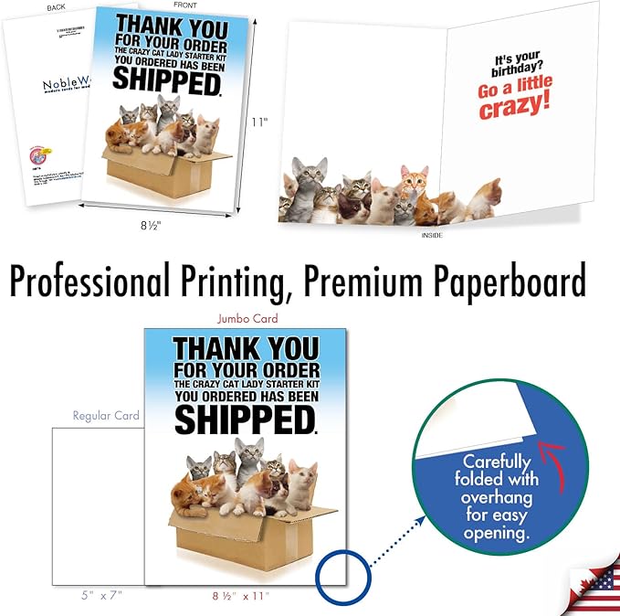 NobleWorks - 1 Funny Jumbo Birthday Greeting Card (8.5 x 11 Inch) - Cute Animal Humor for Birthday, Large Card - Cat Lady Starter Kit J8016