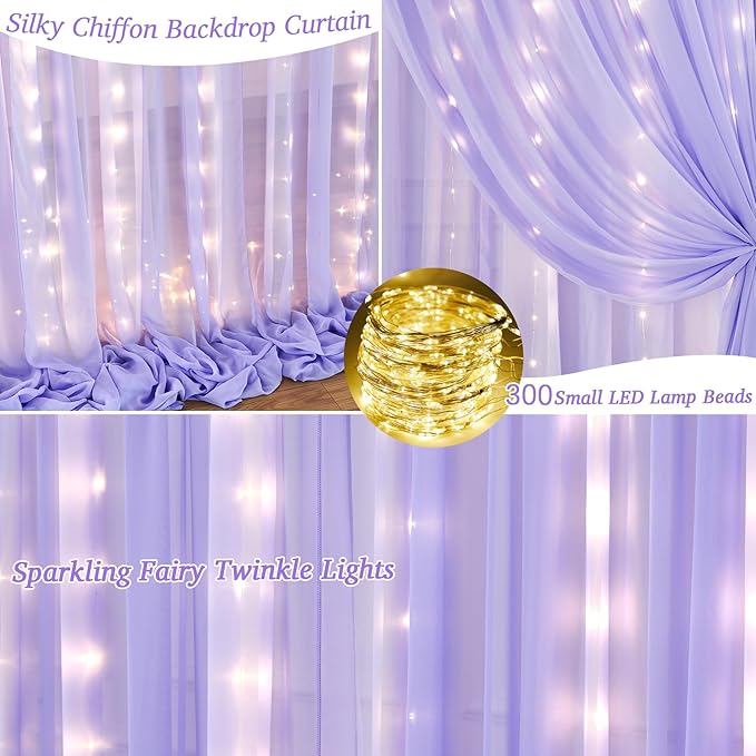 10x10ft Lavender Chiffon Backdrop Curtain with Lights String for Wedding Sheer Tulle Curtain Photo Backdrops Drapes for Baby Shower Birthday Party Home Ceremony Decorations