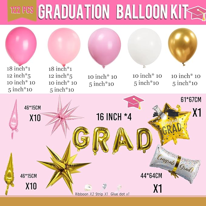 Pink Graduation Balloon Garland Arch Kit 122PCS with Graduation Star Certificate Letter Mylar Foil Balloons for Graduate Class of 2026 Grad Prom party Decorations Supplies (Hot Pink White)