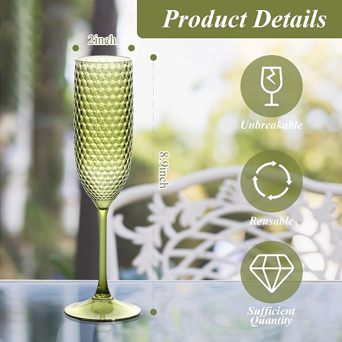Plastic Champagne Flutes Champagne Glasses Unbreakable Wedding Toasting Glasses Reusable Diamond Wine Glasses Crystal Clear Party Wine Cups Vintage Drinking 5.5 OZ for Wedding (12, Green)