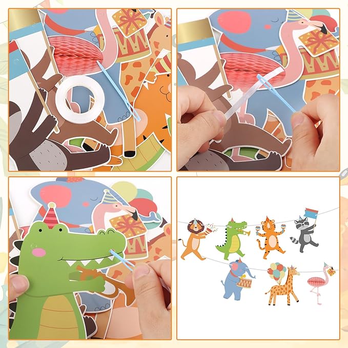 Hooqict Party Animal Banner Animal Birthday Party Decorations Happy Birthday Garland Banner for Kids Girls Boys Zoo Carnival Decorations Supplies