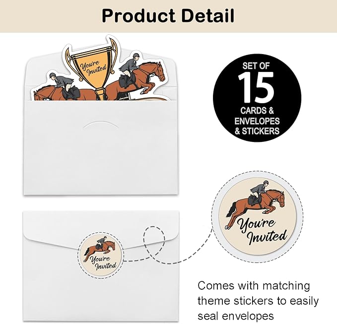 REWIDPARTY Horse Race Party Invitations with Envelopes & Stickers（Set of 15）Horse Racing Champion Shaped Fill-in Invitations Kentucky Derby Invite Cards Horse Race Party Supplies for Teens Adults