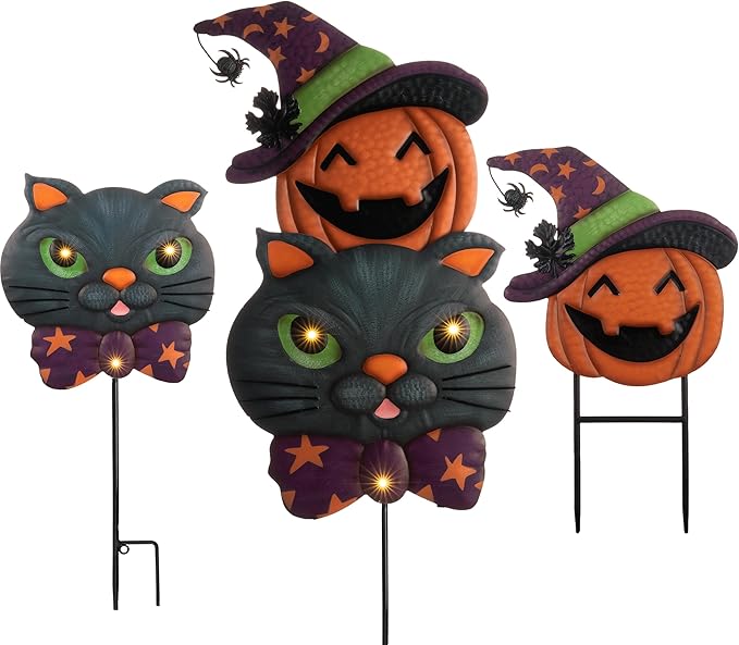 TERESA'S COLLECTIONS Metal Halloween Yard Stakes, Halloween Decorations Outdoor with Cute Black Cat Pumpkin, Jack-o-Lantern Stacked Garden Stakes Lawn Gift for Party Pathway Porch Patio Decor, 25“