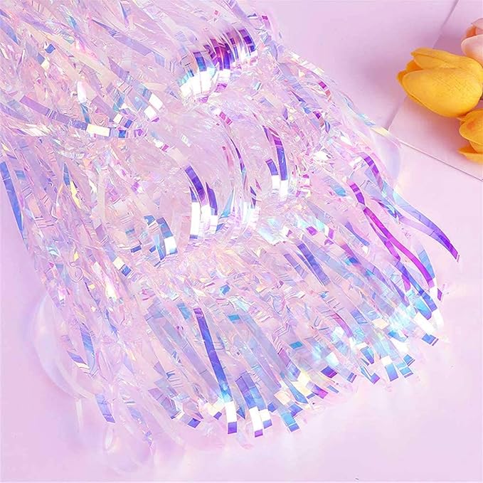 FECEDY 2pcs 3ft x 8.3ft Shiny Corlorful Metallic Tinsel Foil Fringe Curtains Photo Booth Props for Engagement Bridal Shower Bachelorette Baby Shower Bachelorette Holiday Celebration Party Decorations