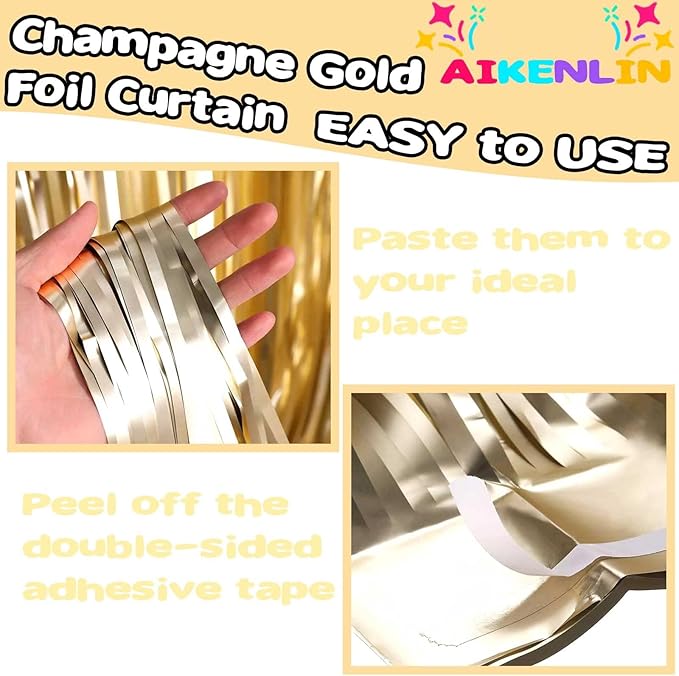 4 Pack 3.3Ft x 6.6Ft Champagne Gold Foil Fringe Curtain Backdrop, Metallic Tinsel Foil Fringe Streamers Curtains Background for Photo Booth, Birthday, Wedding, Valentine's Day Party Decoration