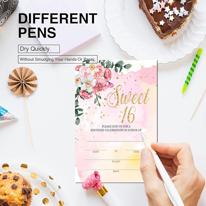 Soiceu Floral Gold Foil Sweet Sixteen Birthday Party Invitations with Envelopes Set of 20 Gold Glitter Pink Flowers Sweet 16 16th Birthday Party Invites