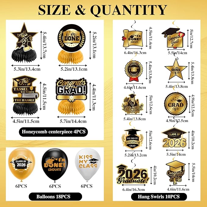 Graduation Decorations 2026 Gold Themed Set - Congrats Grad Banner, Class of 2026 Backdrop, Balloons & Streamers Kit - Complete Party Supplies for High School & College Celebrations