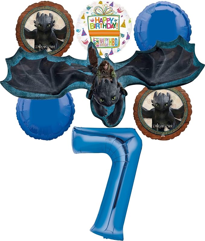 Anagram Hiccup and Toothless 7th Birthday Party Supplies 7 pc Balloon Bouquet Decorations