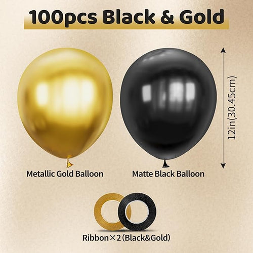 100pcs Black and Gold Balloons 12 Inch Metallic Gold and Black latex Party Balloons for Birthday Retirement Graduation New Year's Eve Party Decorations