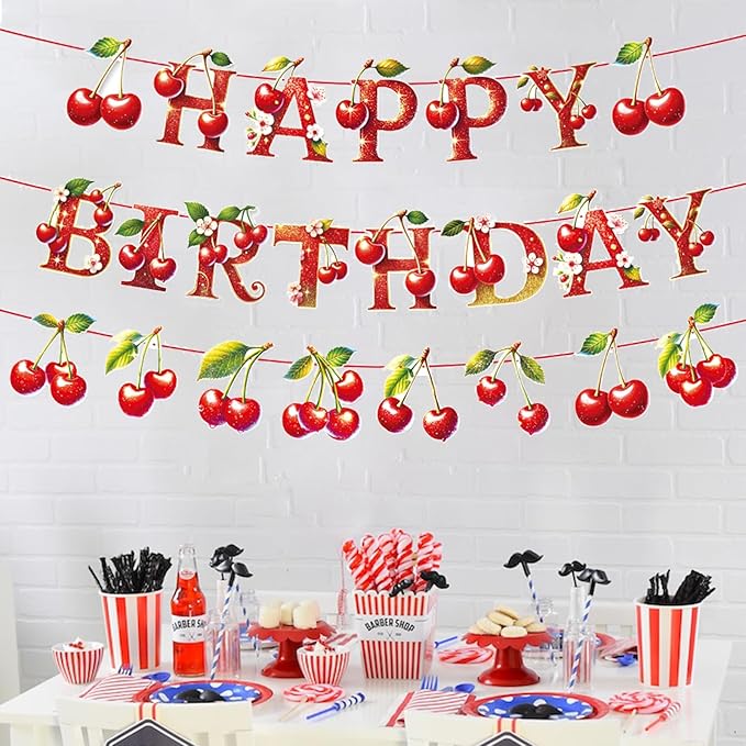Zwiebeco Cherry Happy Birthday Party Decoration Banner Bunting Garland Hanging Paper for Sweet Girls Women Summer Fruit Themed Baby Shower Accessories Supplies