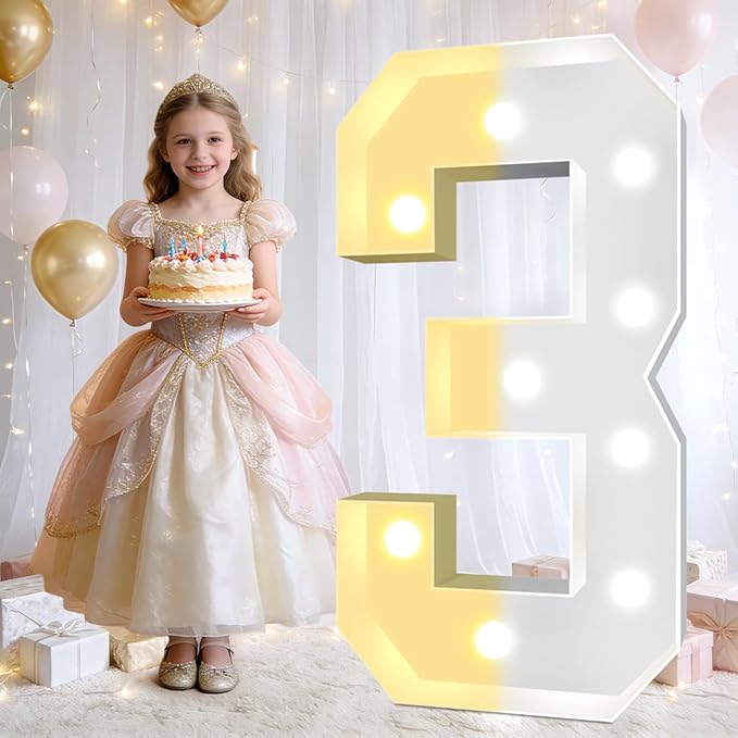 Pooqla 3FT Light Up Marquee Numbers, LED Large Lighted Marquee Numbers for Party Decoration, Giant Mosaic Number for Balloon 3rd 13th 30th Birthday Decoration, LED Light Up 3