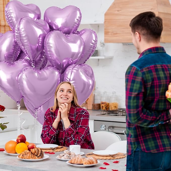 Purple Foil Heart Balloons, 12Pcs Lavender Purple Heart Shape Foil Balloons, 18 Inch Light Purple Helium Heart Balloons for Girls Women Birthday Wedding Baby Shower Valentines Anniversary