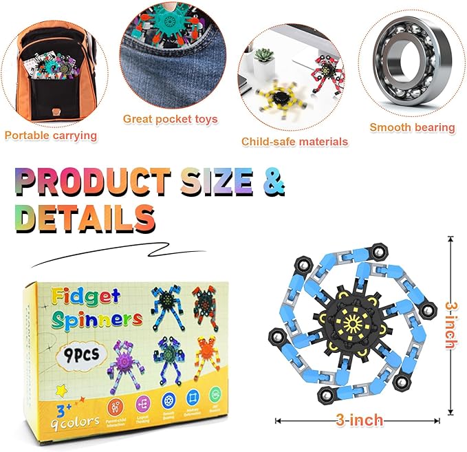 Easter Basket Stuffers Transformable Fidget Spinners,Funny Stress Relief Sensory Fidget Toys,Deformable Chain DIY Robot Fingertip Gyros Toy Party Favors Kids Easter Basket Stuffers(9PC)