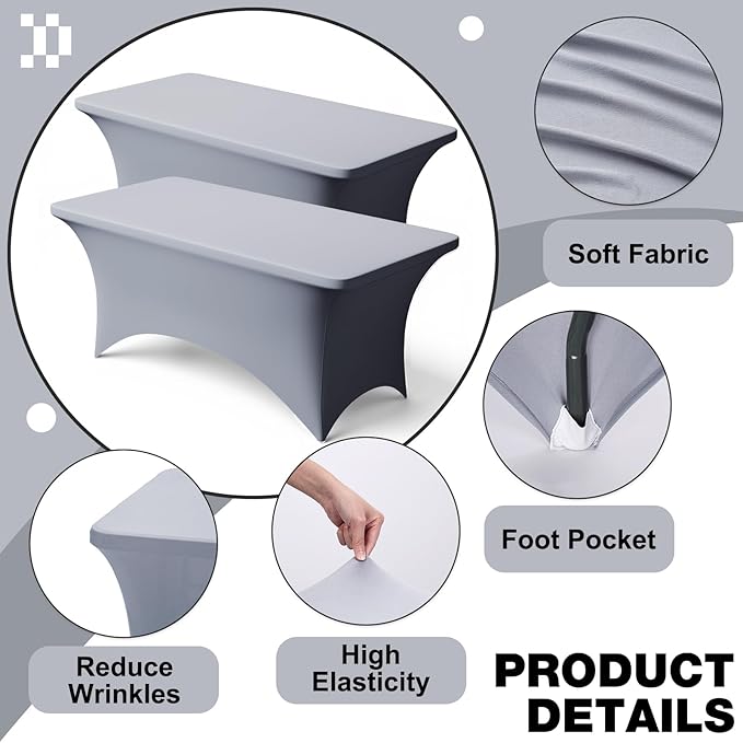 Trlyc 2 Pack 8FT Spandex Table Cloth - 96 x 30 Inch Rectangular Stretch Tablecloth, Wrinkle Resistant Scretch Table Cover for Wedding, Party, Banquet, Picnic, Outdoor Decoration (2Pcs,Grey)
