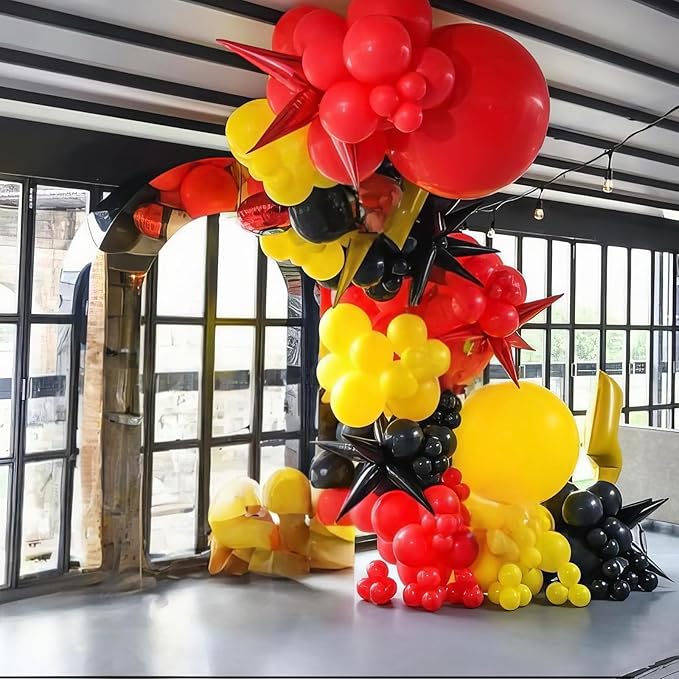 Red Black Yellow Balloons Arch Garland Kit, Cartoon Birthday Party Balloons with Lightning Star Balloons for Cartoon Theme Birthday Baby Shower Party Decor
