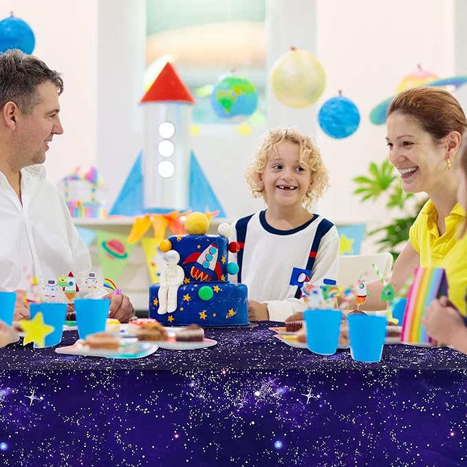Tatuo 1 Pack Galaxy Plastic Table Cover Space Tablecloth Space Star Purple Nebula Rectangle Tablecloth Disposable Starry Night Sky Tablecover for Birthday Home Party Decorations, 54 x 108 Inch