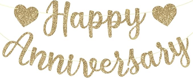 Happy Anniversary Banner, Glitter Happy Anniversary Decorations No DIY Anniversarys Decor Gold Glitter Bannersfor Wedding Anniversarys Party Decorations