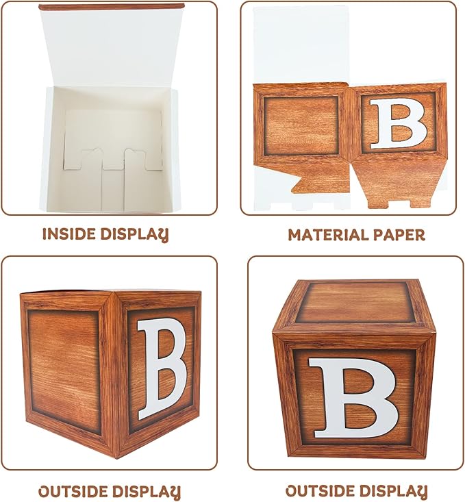 Baby Shower Boxes Party Decorations - 4 Wood Grain Brown Blocks with Baby Letter, Printed Letters,First Birthday Centerpiece Decor, Teddy Bear Baby Shower Supplies, Gender Reveal Backdrop