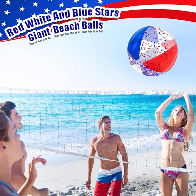12 Pack 16" Inflatable Patriotic Beach Balls,4th of July Red White and Blue Stars Glitters Beach Ball Bulk,250th Anniversary Pool Toys for Kids & Adults Summer Swimming Pool Beach Party Game Water Toy