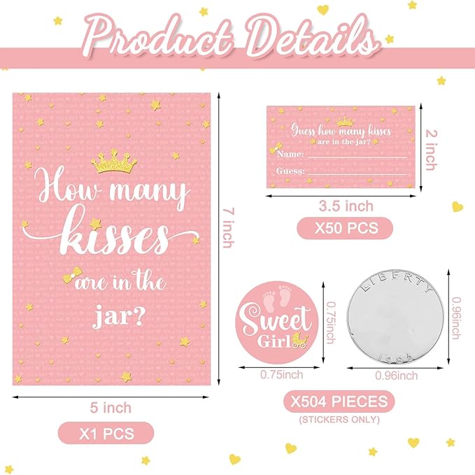 Containlol 555 Pcs How Many Kisses Baby Shower Games, Pink and Gold Standing Sign Guessing Cards Kisses Stickers for Kids Girl Birthday Baby Shower Sprinkle Party Decoration (No Candy and Jar)