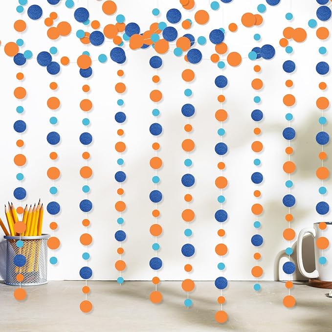 Outus 10 Pieces Orange,Blue Round Dots Garland Easter Graduation Party Hanging Decor Each Length 13.1ft Glitter Paper Dot Streamers for Birthday Wedding Classroom