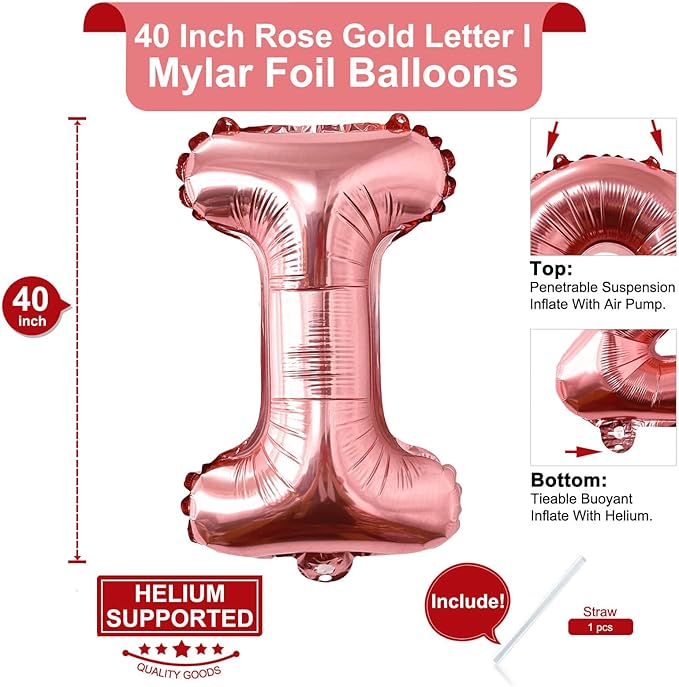 Lovoir 40 Inch Large Rose Gold Letter I Balloons Big Size Jumbo Mylar Foil Helium Balloon for Birthday Party Celebration Decorations Alphabet Rose Gold I
