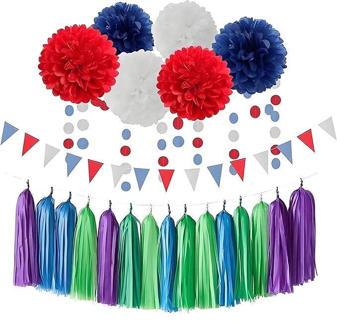 Blue Green & Purple Paper Tassel Garland Banner - Vibrant Tri-Color Handmade Paper Tassels for Party Decorations, Wedding Backdrop, DIY Crafts (30-Pack)