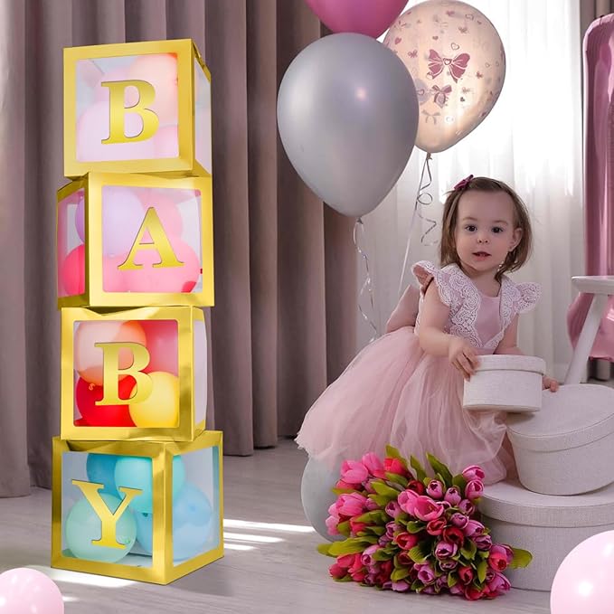 Baby Boxes with 4 PCS Letters for Baby Shower White Clear Balloon Box Blocks Gender Reveal Decorations and Birthday Party (Gold)