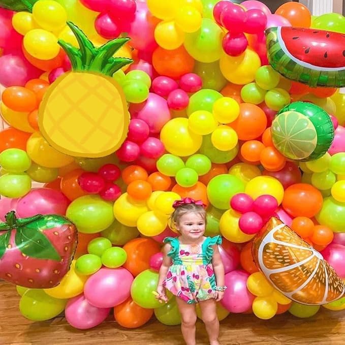 Fruit Balloon Garland Arch Kit Pink Rose Red Yellow Green Orange Balloons with Watermelon strawberry Lemon Orange Foil Balloons for Twotti Fruity Party Decorations Sweet Birthday Party