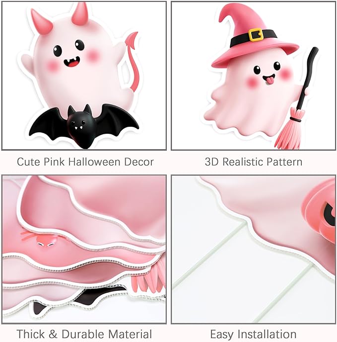 MISS FANTASY Halloween Yard Decorations - Pink Halloween Decorations Halloween Ghost Yard Stakes Outdoor Hallowe'en Yard Signs Outdoor Decorations Cute Ghost Witch Pumpkin Boo Bat Sign for Lawn Garden