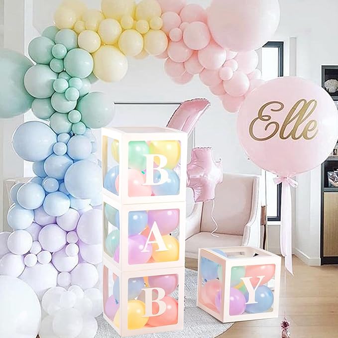 Baby Boxes with Letters for Baby Shower, 4 Transparent Balloon Boxes with Letters for Gender Reveal Birthday Wedding Baby Shower Decorations(Pastel Balloons)