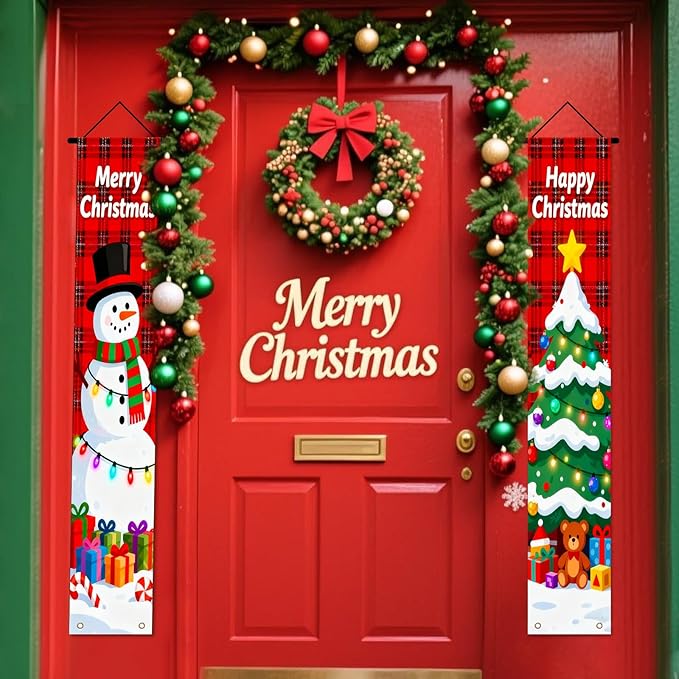 Nuxovilar Winter Merry Happy Christmas Snowman Tree Decor Polyester Banner 12x70.86 Inches Christmas Door Banner, Lively Decor for Bedroom, Balcony, Holiday Celebrations
