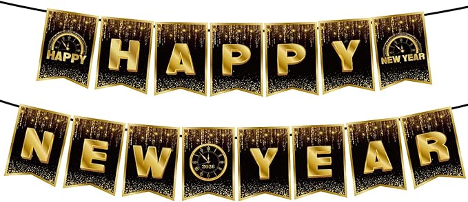 Happy New Year Decorations 2026 - Black Gold New Year Party Banner - Reusable New Years Eve Party Supplies 2026 (Style B)