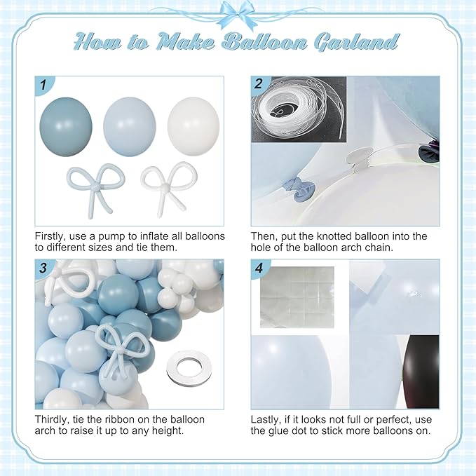 Blue and White Balloon Garland Arch Kit, 146Pcs Dusty Macaron Blue White Long Balloons Different Size for Coquette Birthday Gender Reveal Baby Shower Boy Wedding Bridal Shower Sports Party Decorations