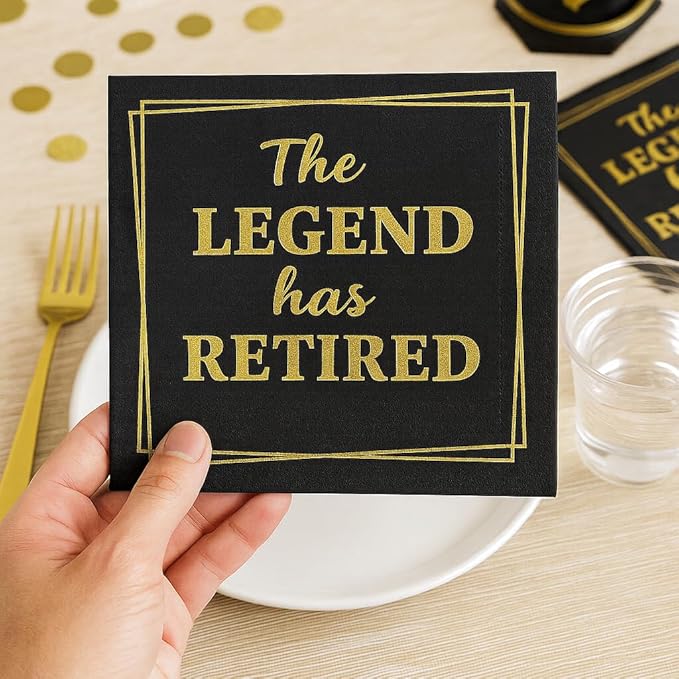 100‑Pack ‘The Legend Has Retired’ Black & Gold Napkins – 2‑Ply Cocktail, Lunch & Dinner Party Napkins – Elegant, Disposable Retirement Party Decoration – 6.5″ x 6.5″ Folded (Large, 100, Count)