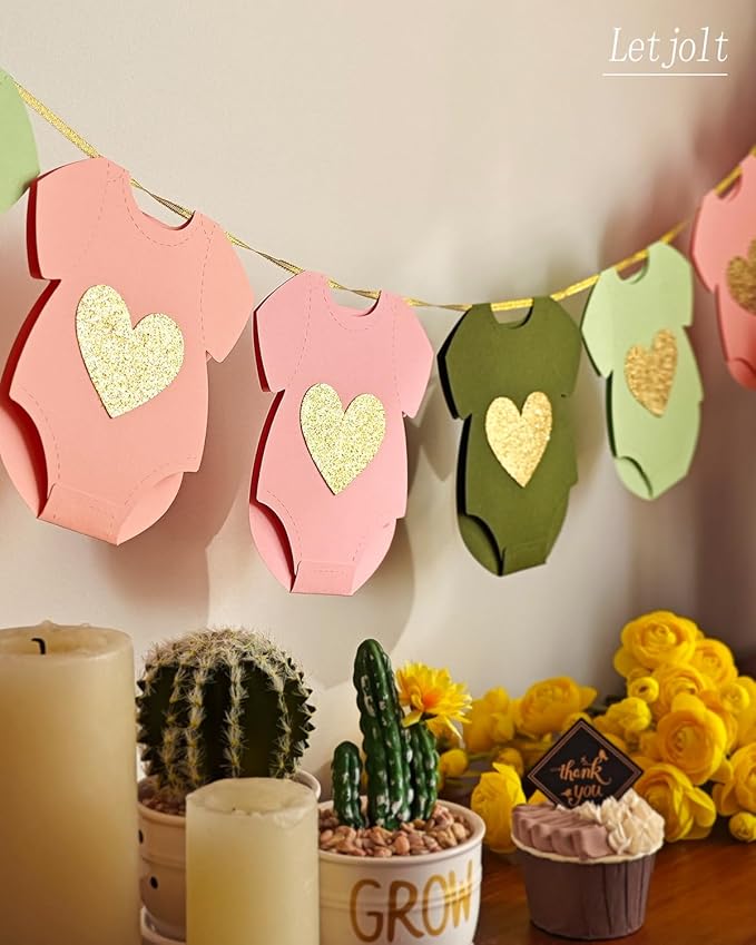 Green Pink Baby Shower Paper Garland Short-Sleeve Bodysuits Clothesline Garland Gender Reveal Birthday Banner Baby Outfit Pre - Strung Paper Decorations 9 pcs