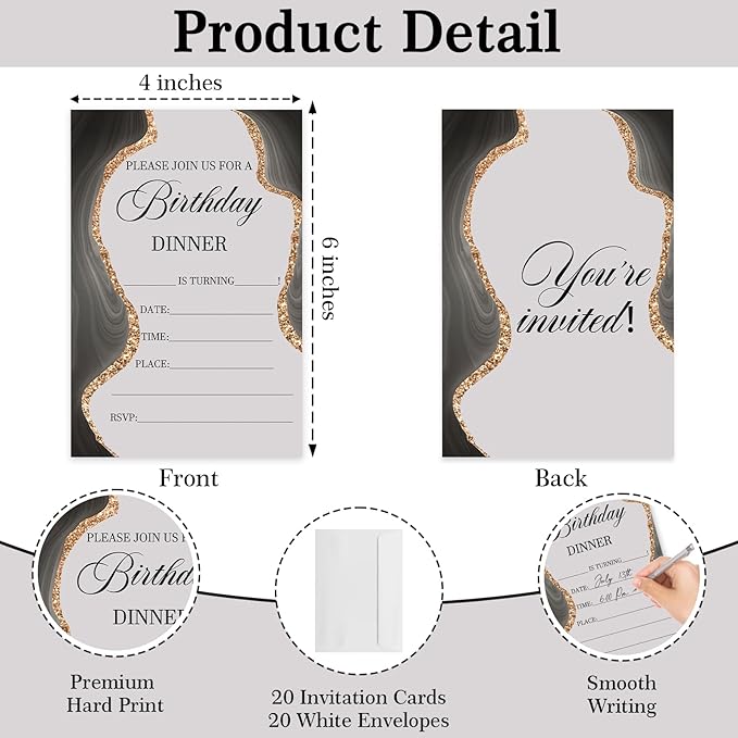 Black and Gold Birthday Party Invitation, Dinner Invitations Card for Girls, Teens, Adults, Birthday Dinner Invitation, 20 Party Invitations with Envelopes
