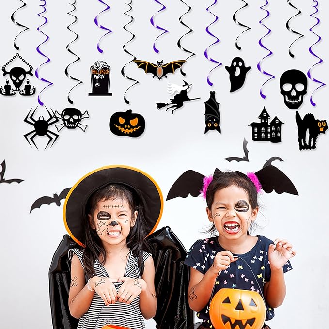 Halloween Bats Witch Party-Decorations Streamers - 12pcs Spooky Creepy Ghosts Skulls Skeleton Pumpkin Cats Spiders Hanging Swirls Banner,Window Fireplace Classroom Ceiling Garland Decor Panduola