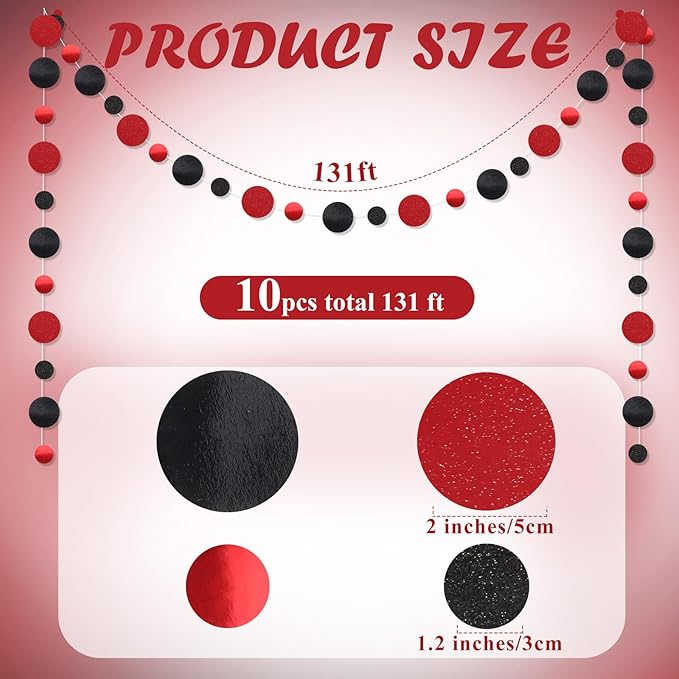 Outus 10 Pieces Black,Red Round Dots Garland Easter Graduation Party Hanging Decor Each Length 13.1ft Glitter Paper Dot Streamers for Birthday Wedding Classroom