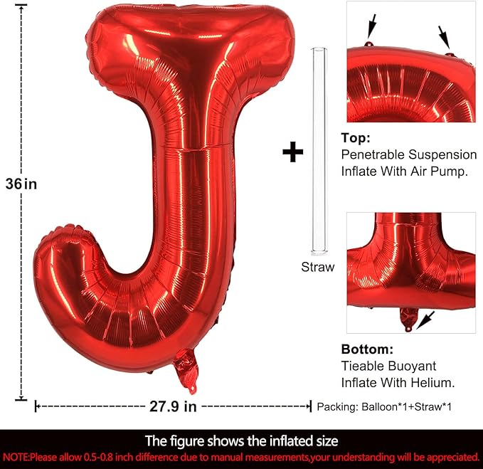 Lovoir 40 Inch Large Red Letter J Balloons Big Size Jumbo Mylar Foil Helium Balloon for Birthday Party Celebration Decorations Alphabet Red J