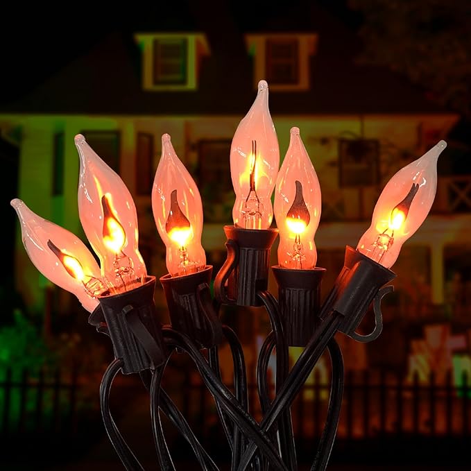 10 FT Flickering Flame Light String, C18 Halloween Decoration Light String, with 10 Clear Flame Bulbs, for Outdoor Indoor Home Halloween Christmas Decorations, E12 Base - Black Wire